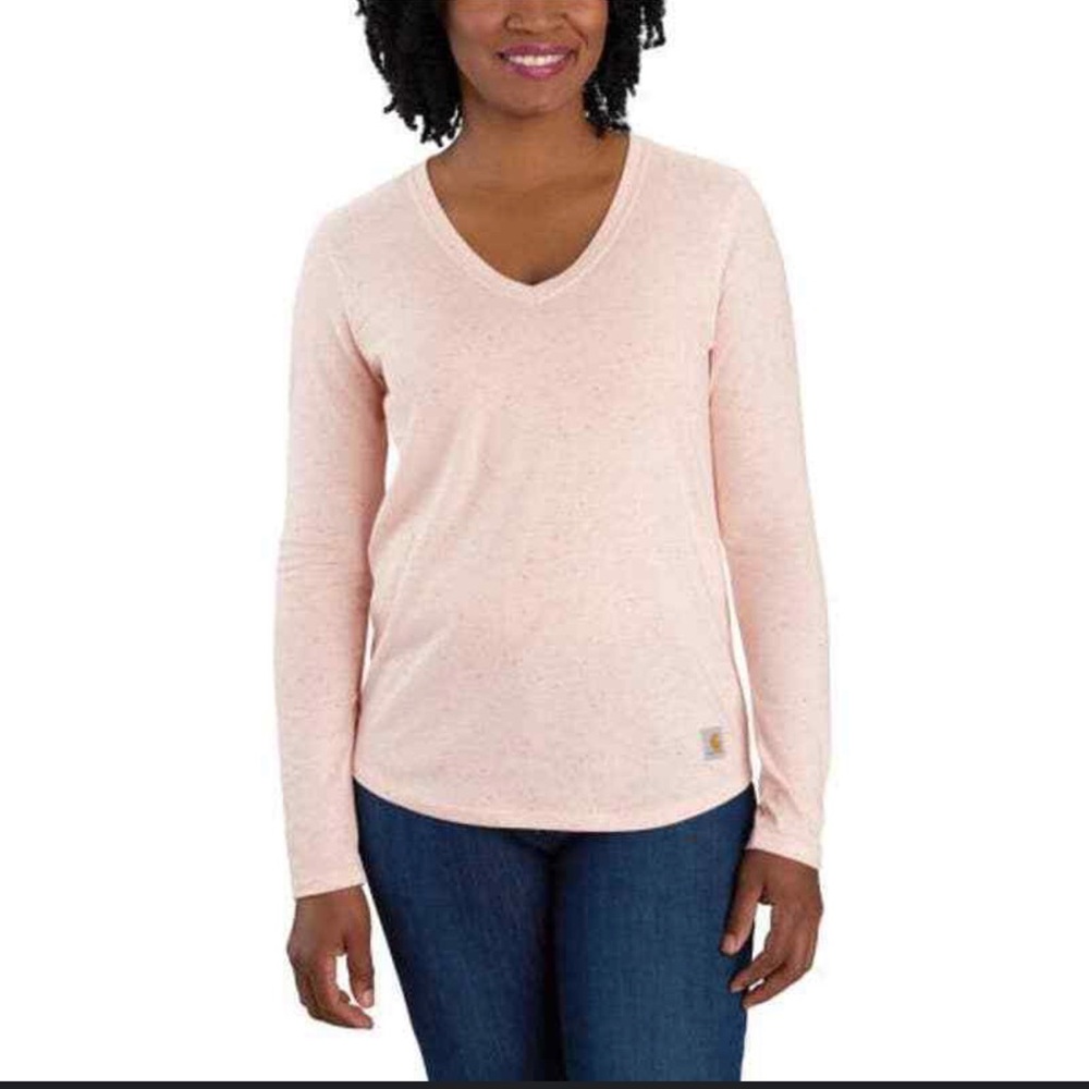 Women’s Carhartt Long Sleeve Relaxed Fit Rosewood Pink V Neck T-shirt Size M